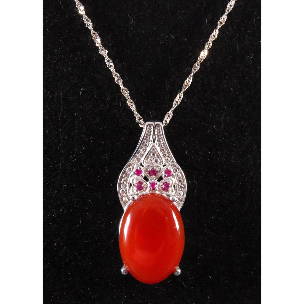 STERLING SILVER 17" Chain Necklace KARIS CARNELIAN & LAB CREATED RUBY PENDANT